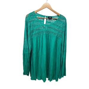 June + Vie Women’s 2XW Teal Green Crochet Lace Boho Blouse Long Sleeve Flowy Top